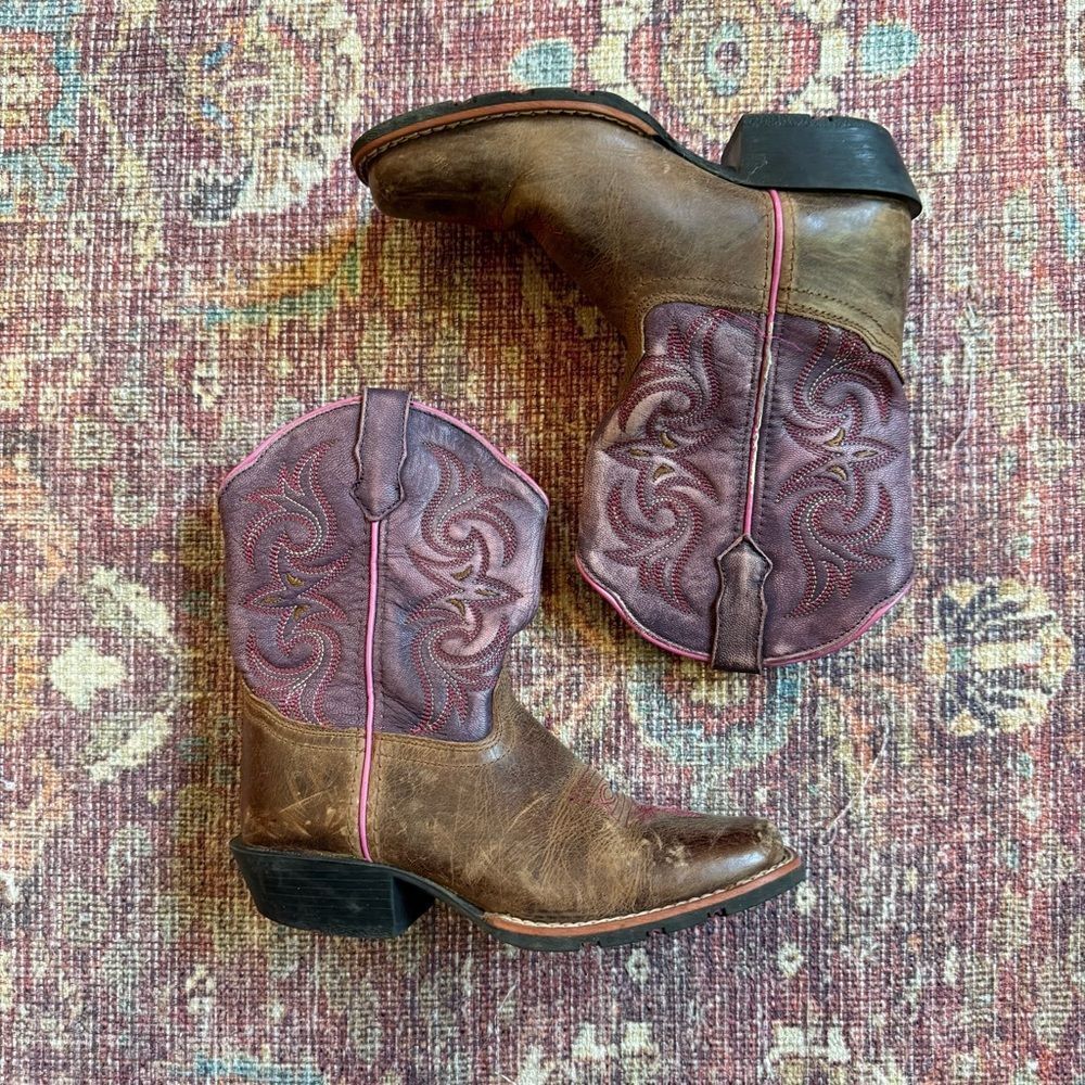 Dan Post Girls size 2 Brown and Pink Square Toe Leather Western Boots